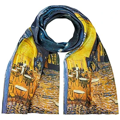 Afbeelding van VON LILIENFELD Sjaal Vincent van Gogh Nachtcafé Dames 100% Zijde Kunst Motief Zijden Randen Handgerold 172 x 42 cm