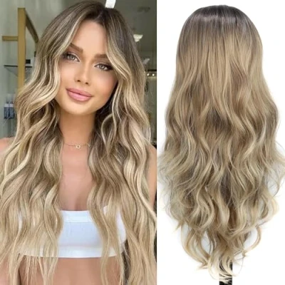 Afbeelding van PORSMEER Pruik voor dames, blond, bruin, lang, golvend, natuurlijk haar, Braziliaans hittebestendig, cosplay, party, Halloween
