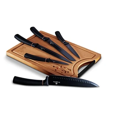 Afbeelding van Berlinger Haus black Rose Collection 6 stuks messenset met bamboe snijplank, BH/2550 zwart/rose goud roestvrij staal 18/8
