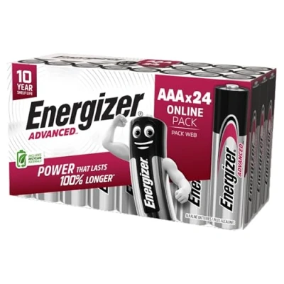 Afbeelding van Energizer Geavanceerde AAA batterijen, 1,5 V alkaline, 24 Triple A vermogen dat 100% langer meegaat, ideaal voor apparaten met een hoge afvoer, 10 jaar houdbaarheid, 0% plastic verpakking