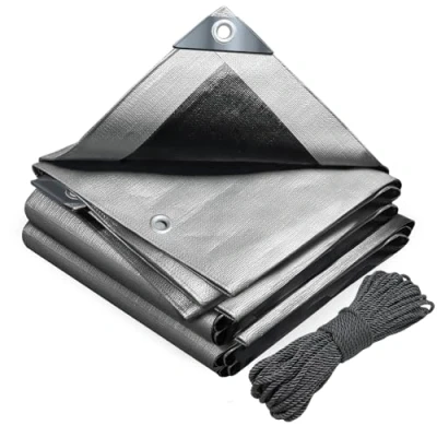 Afbeelding van VOUNOT Afdekzeil, van polyethyleen, 180 g/m², waterdicht, extra zwaar en robuust, aan beide zijden gecoat, met aluminium ogen, waterdichte afdekking voor tuin zwembad, grijs, 4 x 6 m