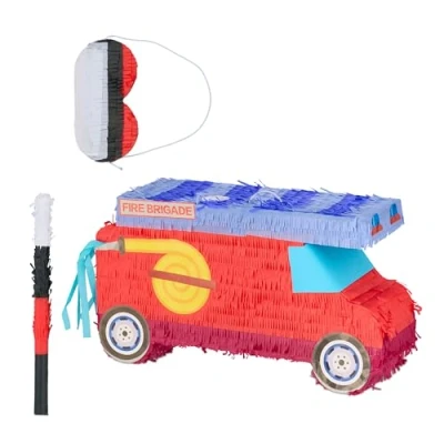 Afbeelding van Relaxdays piñata brandweerauto met stok en blinddoek zelf vullen set