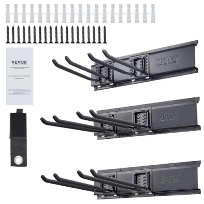 Afbeelding van VEVOR Garage Tool Organizer, 600 lbs Max Draagvermogen, Wandmontage Yard Tuin Opbergrek Organisatie Heavy Duty met 6 Verstelbare Haken en 3 Rails, voor Tuingereedschap, Schoppen, Trimmers Slangen