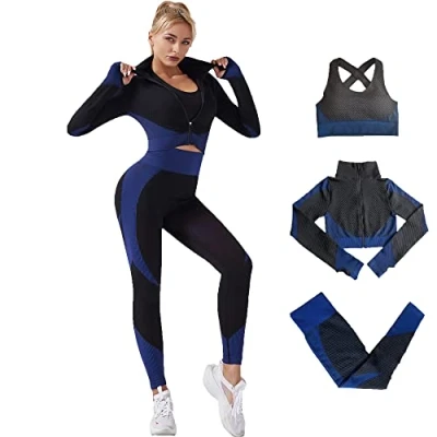 Afbeelding van Veriliss Workoutpak voor dames, 3 delig, naadloze outfit, workoutset, gymkleding, yoga sportkleding, legging en stretch sport beha, gym jumpsuit, kledingset, zwart/blauw, M