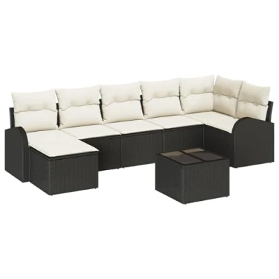 Afbeelding van vidaXL 7 delige Tuin Sofa Set met Kussens Bruin Poly Rattan, 2 zits Opslag &amp; Zwart Rattan