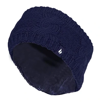 Afbeelding van Heat Holders Dames dikke kabel gebreide fleece gevoerde thermische winter lege schedel oorwarmer hoofdband (één maat, marineblauw)