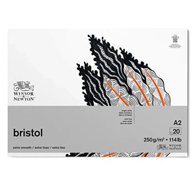 Afbeelding van Winsor &amp; Newton Bristol 6661547 tekenpapier in blok 20 vellen DIN A2, 250 g/m², kopgelijmd, stralend wit papier voor tekeningen met technische pennen, fineliners, inkt, markers, airbrush