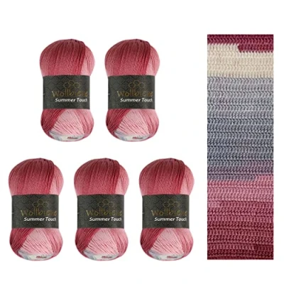 Afbeelding van Wollbiene Summer Touch Batik 5 x 100 gram wol meerkleurig met kleurverloop, 500 gemerceriseerde breiwol microvezel acryl (506 blauwgrijs roze)