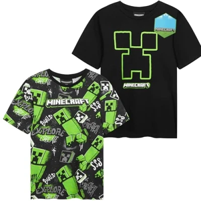 Afbeelding van Get Trend Top Jongens Tieners T shirts Set van 2 of 1 Zacht Ademend Korte Mouwen Casual Zomer Gamer Tops Multipack shirts, Zwart Minecraft Pck, 5 6 jaar