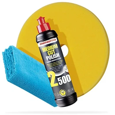 Afbeelding van detailmate Menzerna Autopolitoer Set: korrel 2500, 250 ml met bijpassende polijstpad: Medium Foam 150 mm / 6,0 inch + zachte microvezel polijstdoek 40 x cm, 550 GSM
