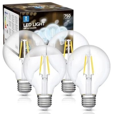 Afbeelding van Aigostar Vintage Filament Lamp LED E27, 6W Equivalent Aan Gloeilamp Van 57W, Wit Licht 6500K, 750 Lumen, Heldere G80 Decoratieve Lamp, CRI&gt;80, Niet Dimbaar, Set 4