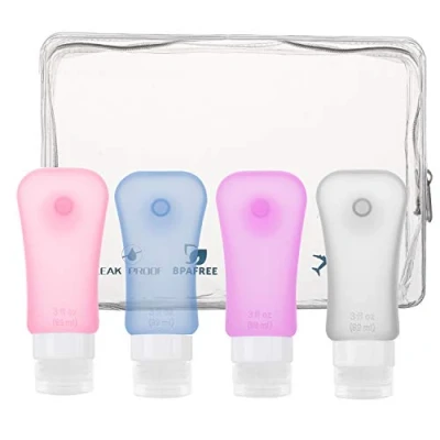 Afbeelding van MoKo Set van 4 reisflessen, lekvrije, BPA vrije en door de FDA goedgekeurde hervulbare cosmetische toiletcontainers, siliconen reisflessenset met zuignap voor shampoo, lotion, conditioner meer, 89 ml (3,1 oz)