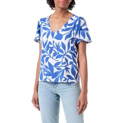 Afbeelding van VERO MODA Vmeasy Joy V Neck Ss Blouse WVN Ga Top voor dames, Sneeuwwit/Aop: alisa Mazarine Blue, M