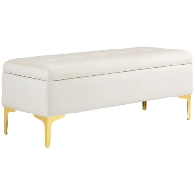 Afbeelding van HOMCOM Zitbank met opbergruimte, gestoffeerde bank fluwelen look, metalen poten, bedbank voor woonkamer, slaapkamer, hal, 120 x 44 44,5 cm, beige