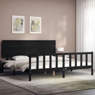 Afbeelding van Bedframe Met Hoofdbord Massief Hout Grijs 5 Ft King Size 200 x cm / Zwart