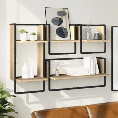 Afbeelding van vidaXL 4 delige Wandschappenset met stangen bewerkt hout sonoma eiken