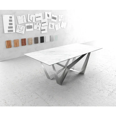 Afbeelding van Eettafel Edge Laminam® keramiek wit 200x100cm middenvoet vlak staal zilver