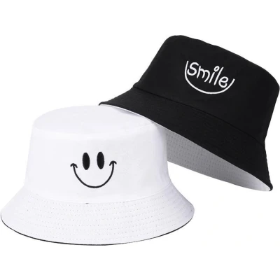 Afbeelding van Reversible bucket hat vissershoedje zonnehoed smiley zwart/wit omkeerbaar