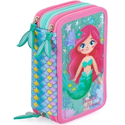 Afbeelding van Julian Ross Drievoudig gevuld etui voor kinderen, 45 accessoires de basisschool, 3 ritssluitingen, georganiseerde vakken, kleurpotloden, viltstiften, lijm, schaar, Sirene., pennenhouder