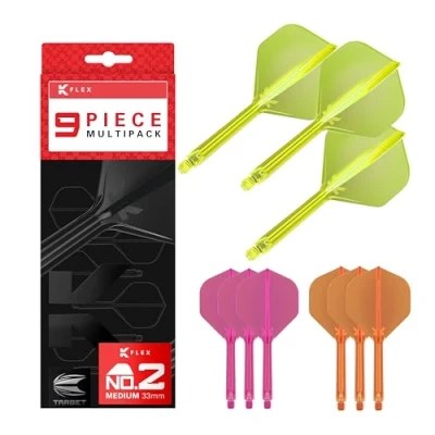 Afbeelding van Target Darts K Flex Integrated Dart Flights and Shafts, Medium steel (33 mm), No.2 Flight, 9 pack bundel, Neon Roze, Oranje &amp; Geel