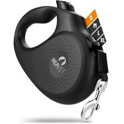 Afbeelding van ReaVET Rollijn, hondenriem, uittrekbaar, 5 m, voor kleine honden (S), ergonomische en antislip handgreep, intrekbaar, robuuste uittrekbare lijn met remstopsysteem, hondenriem tot 15 kg
