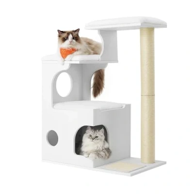 Afbeelding van Feandrea krabpaal, 86 cm hoge spaanplaat kattenkrabpaal, met grot, ligplekken, kolom en sisal krabmat, wasbare pluche kussens, wolkwit PCT070W01
