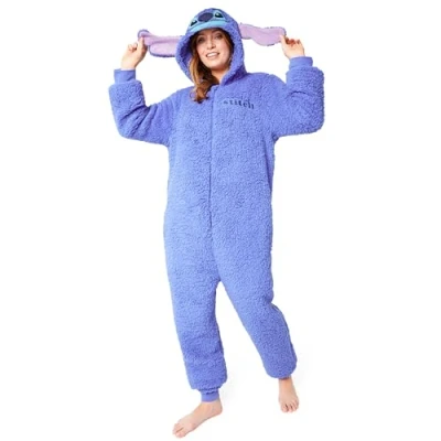 Afbeelding van Disney Stitch fleece onesie voor volwassenen en tieners. Behaaglijke loungekleding met capuchon, pluizige nachtkleding, geschenken haar, Blauwe Stitch, L