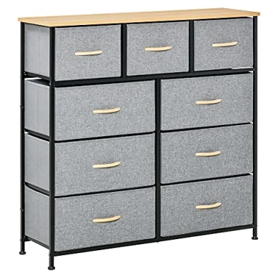 Afbeelding van HOMCOM Commode 9 laden opbergmeubel lade stof opvouwbaar stalen structuur zwart 100 x 30 cm, slaapkamer, hal, woonkamer, eiken en grijs