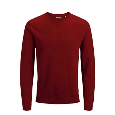Afbeelding van JACK &amp; JONES gebreide herentrui met V hals, rood (Red Dahlia), L