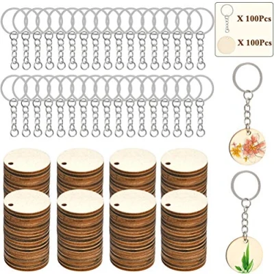 Afbeelding van FOCCTS 100 stuks natuurlijke houten plakjes, onafgewerkte voorgeboorde cirkels met sleutelhangers combinatieset, perfect voor doe het zelf kerstversieringen, ornamenten