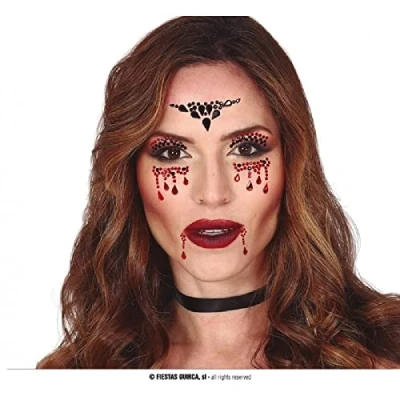 Afbeelding van Halloween Plak diamantjes vampier gezicht versiering rood/zwart Verkleedgezichtdecoratie