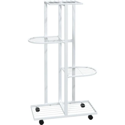 Afbeelding van Bloemenstandaard met wielen 4 laags 44x23x80 cm ijzer wit