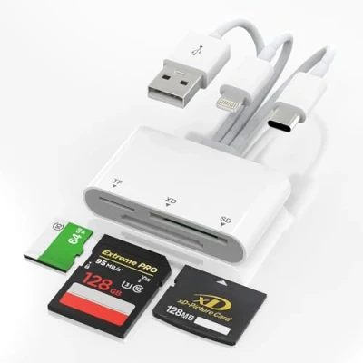 Afbeelding van 3 in 1 Memory Card Reader XD/TF/SD kaartlezer voor iPhone/Mac/Android/pc, multi geheugenkaartlezer, USB C, Lightning, OTG adapter Micro SD/TF/SDHC/SDXC/MMC/XD Picture Cards