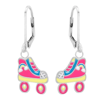 Afbeelding van Zilveren Oorbellen meisje kind oorhangers, gekleurde rolschaats met regenboog en glitters