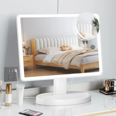 Afbeelding van Grote verlichte make upspiegel met licht (X Large model) 3 kleuren verlichting spiegel 88 LED, 360 rotatie touchscreen, 10x vergroting draagbaar tafelblad cosmetische up