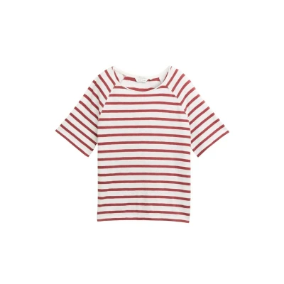 Afbeelding van TOM Tailor Striped Tshirt print, Dames, Maat: Medium, Offwhite deep red stripe