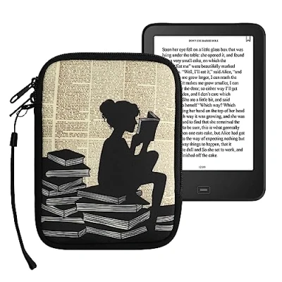 Afbeelding van kwmobile Universele Cover voor eReader Neopreen hoesje Meisje met boeken zwart/beige 17 x 12 2 cm