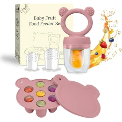 Afbeelding van Siliconen Baby Fruit Voedsel Feeder Fopspeen &amp; Moedermelk IJslolly Vriezer Mallen, Babyvoeding Opslag Containers IJsblokjes (Roze)