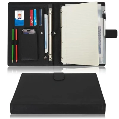 Afbeelding van Wonderpool A4 PU lederen 4 ringhouder schrijven portfolio multi documenthoes met verwijderbaar bindmiddel klembord en functionele zak voor organisator kantoor reizen school (zwart)