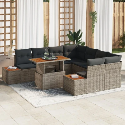 Afbeelding van vidaXL 9 delige Tuin Eetset met Kussens Grijs Poly Rattan Acacia