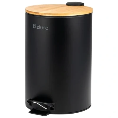 Afbeelding van eluno Afvalemmer, pedaalemmer, keukenafvalemmer, 12 liter inhoud, met soft close bamboedeksel, voor badkamer, keuken, uitneembare kunststof binnenemmer, van bamboe en zwart metaal