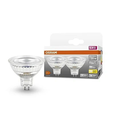 Afbeelding van OSRAM LED SPOT MR16 35 12V reflektorpære, GU5.3 sokkel, 2 pak, 4,3W, 396lm, 2700K, varmt hvidt lys, meget lavt energiforbrug, lang levetid, ingen opvarmningstid