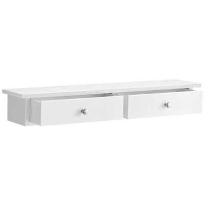 Afbeelding van SONGMICS Wandplank, zwevend rek met 2 laden, glanzende afwerking, kan tot 15 kg dragen, 65 x 10 cm, gang, woonkamer en keuken, wit LWS65WT, hout