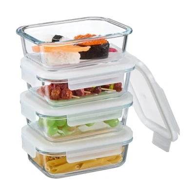 Afbeelding van Relaxdays vershoudbakjes met deksel, glas, set van 4, 640 ml, meal prep bakjes, luchtdicht, bewaarbakjes, transparant