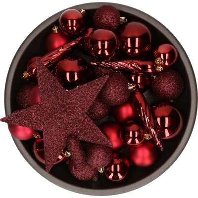 Afbeelding van Decoris Kerstballen 33 stuks donkerrood mix met piek