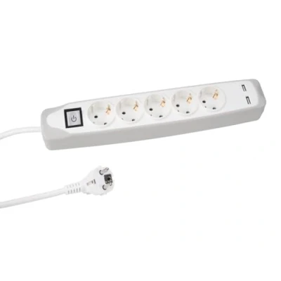Afbeelding van Perel contactdoos met 5 stopcontacten, 2 USB en schakelaar, 1,5 m, wit/grijs, voor NL