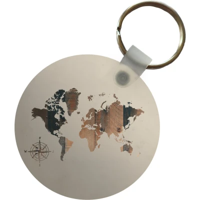 Afbeelding van Sleutelhanger Wereldkaart Hout Kompas Plastic Rond Uitdeelcadeautjes