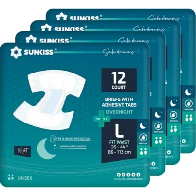 Afbeelding van SUNKISS TrustPlus Nachtluiers voor volwassenen met ultiem absorptievermogen, uniseks incontinentieslip lipjes mannen en vrouwen, geurbestrijding, groot, 48 stuks (4 verpakkingen van 12)