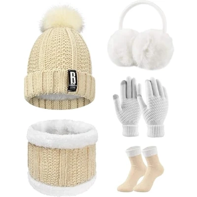 Afbeelding van gebreide muts en sjaal set 5 stuks winter set, pluche oorwarmers warme beanie touchscreen handschoenen vrouwen thermische sokken voor skiën hoed buitensporten, Beoge.