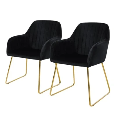 Afbeelding van Eetkamerstoelen met rugleuning set van 2 zwart fluwelen bekleding metalen poten ML Design